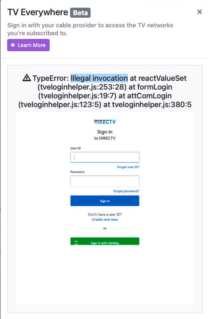 DirecTV Auth Failure - Illegal Invocation - TV Everywhere - Channels ...