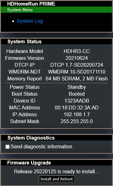 HDHR Prime System Menu
